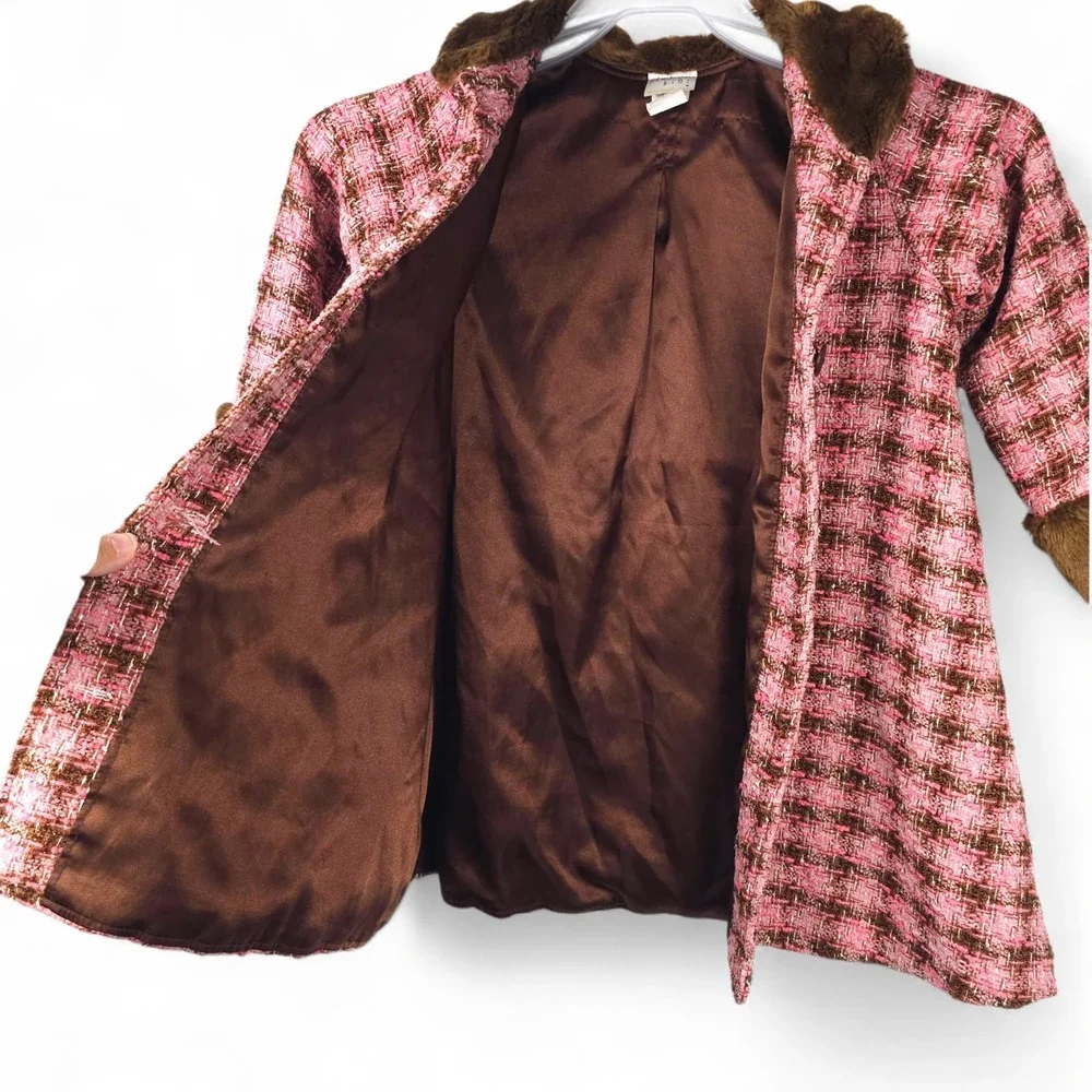 Studio Bini Vintage Girls 4T Pink Tweed Faux Fur Coat Jacket Brown USA